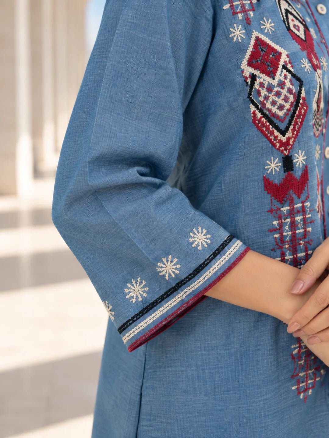 Dailyfab Light Denim Blue Geometric Embroidered Co-ord Set in Cotton Denim - Image 4