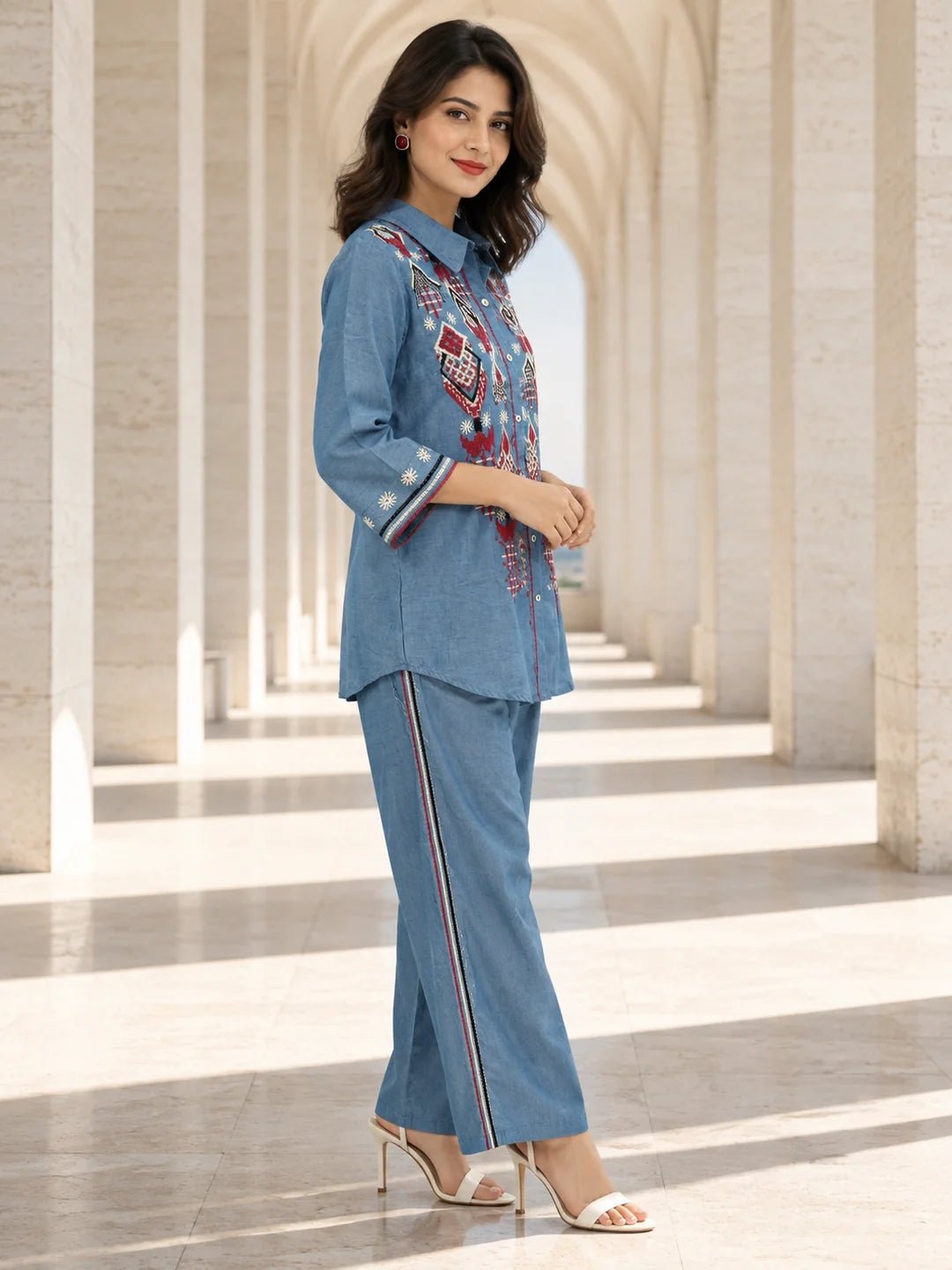 Dailyfab Light Denim Blue Geometric Embroidered Co-ord Set in Cotton Denim - Image 5