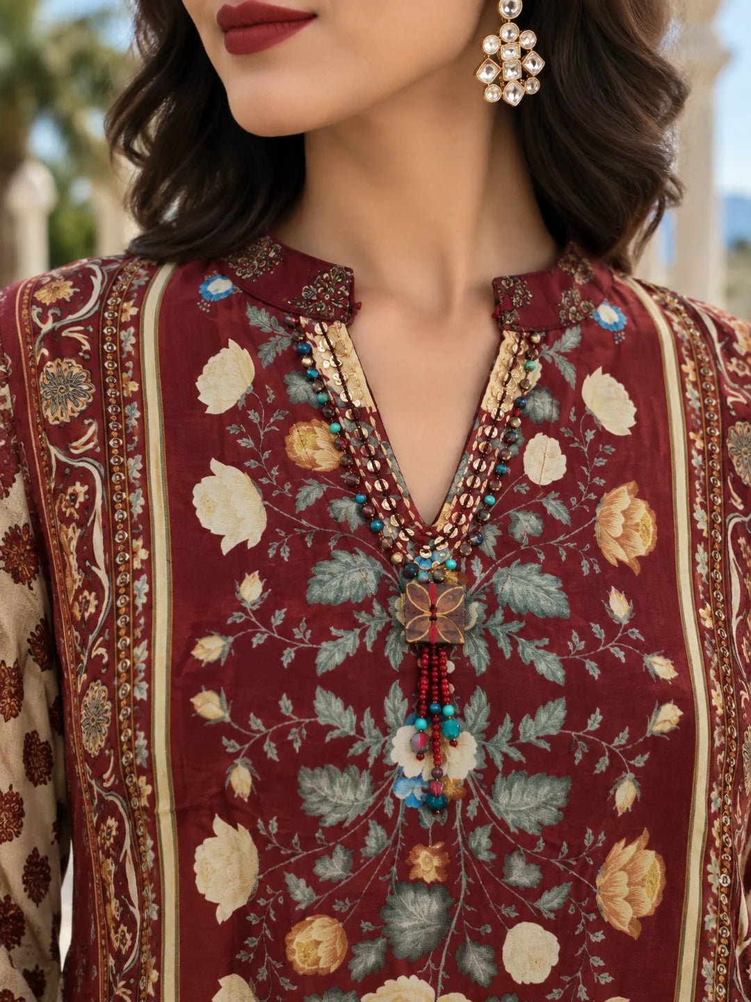 Dailyfab Maroon Embellished High-Low Patch Print Wide-Leg Co-ord Set in Crepe - Image 3
