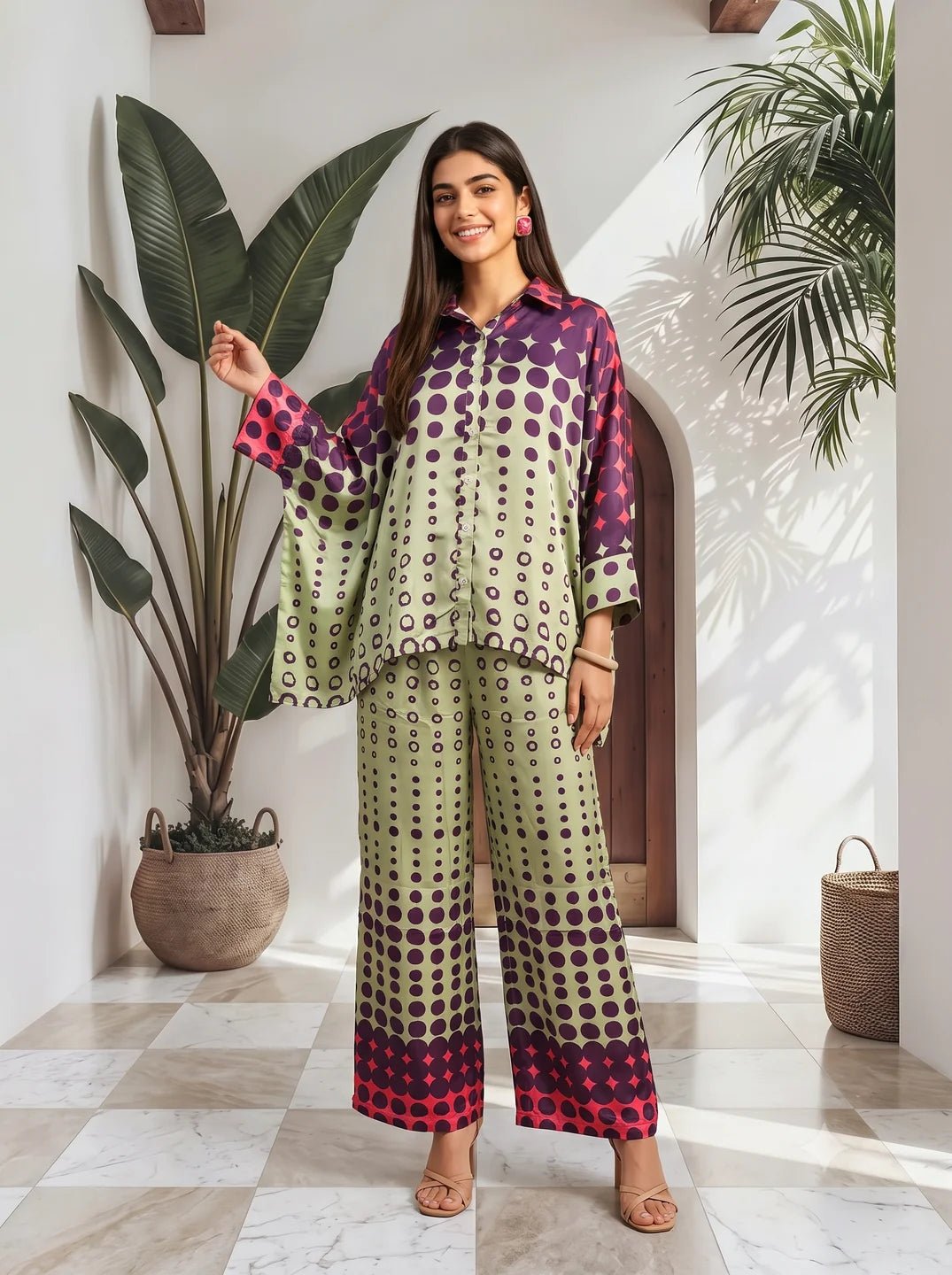 Dailyfab Sage Green Printed 2-Piece Co-ord Set in Muslin