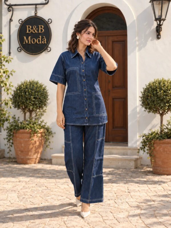 Dailyfab Denim Blue Contrast Running Stitch Shirt Co-ord Set in Cotton Denim