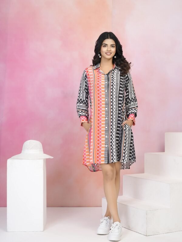 Multi-Color Placement Printed Asymmetric Hem Shirt Dress in Viscose