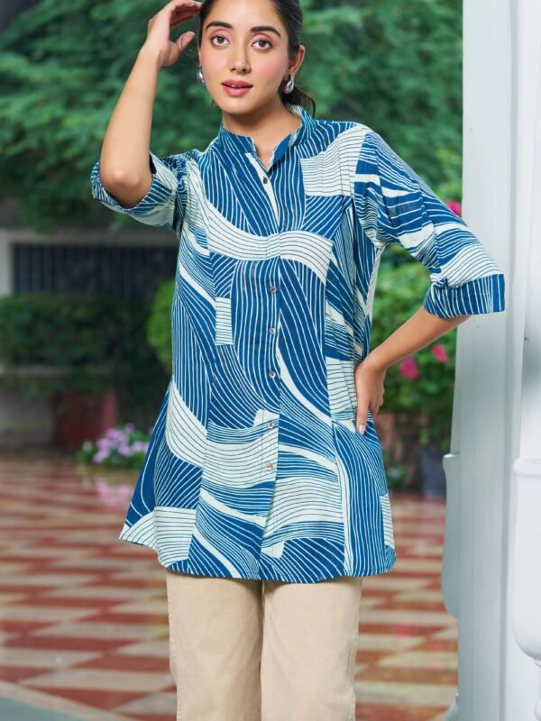 Ocean Blue Abstract Gold Foil Rayon Tunic