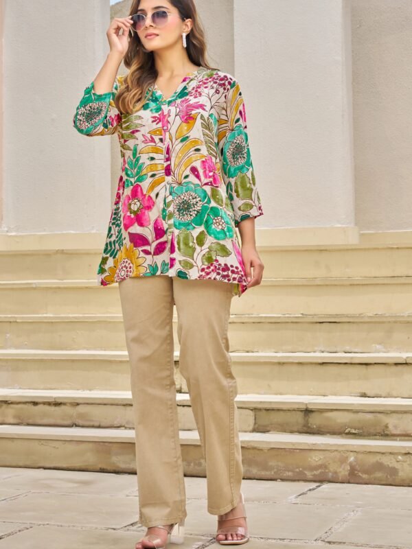 Off-White Base Multicolor Embellished Floral Muslin Tunic