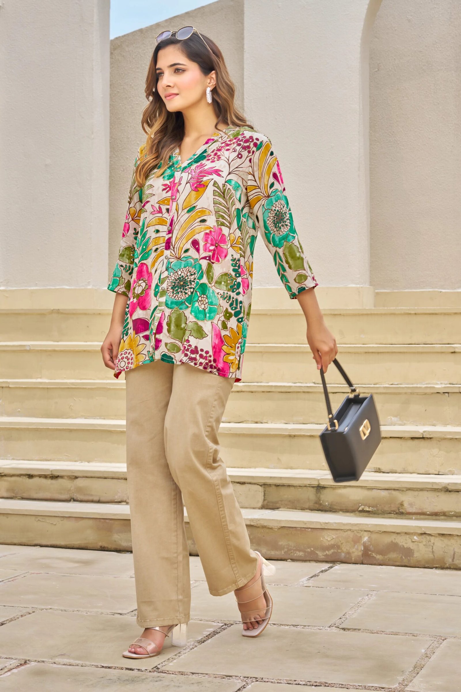 Off-White Base Multicolor Embellished Floral Muslin Tunic - Image 5