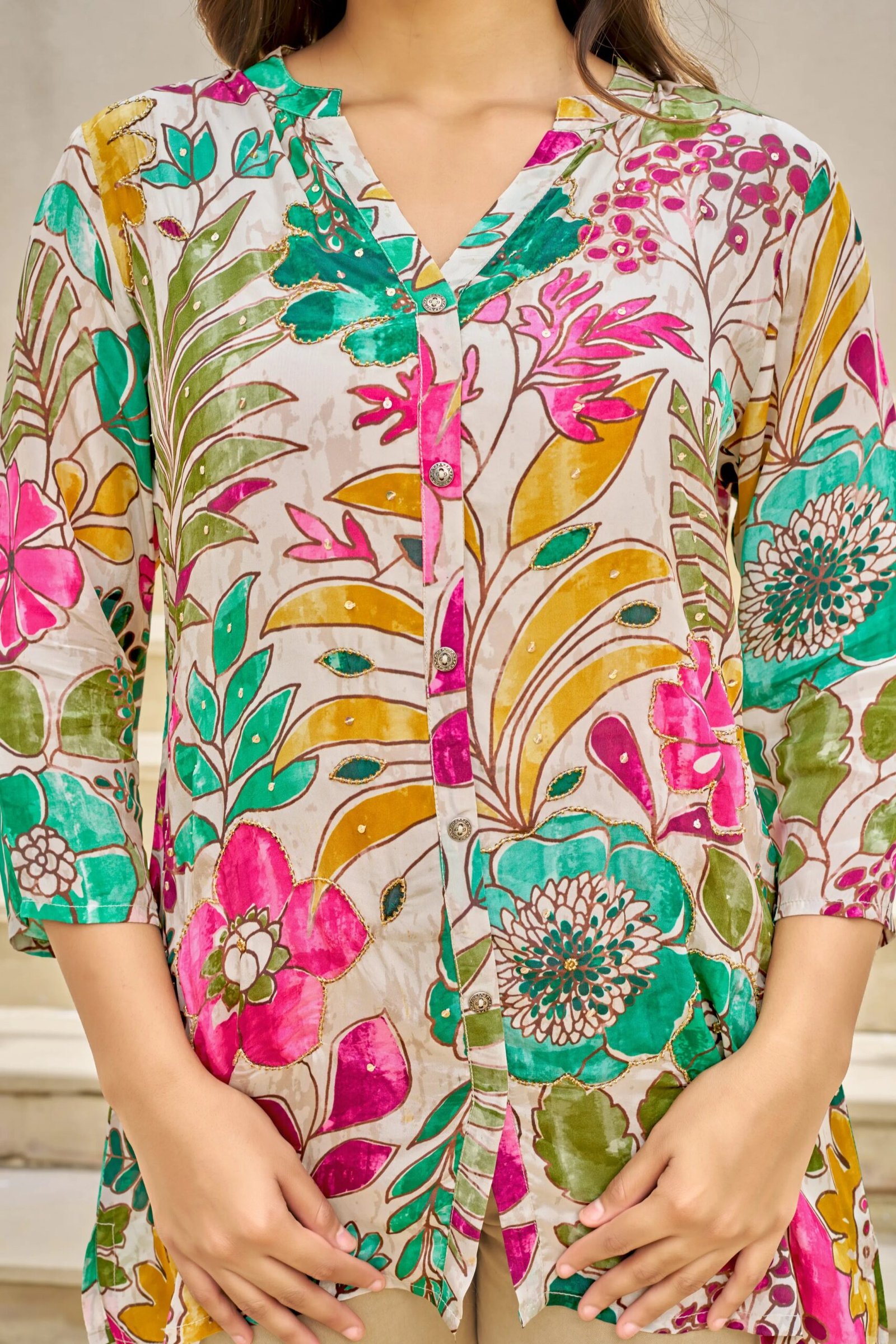Off-White Base Multicolor Embellished Floral Muslin Tunic - Image 4