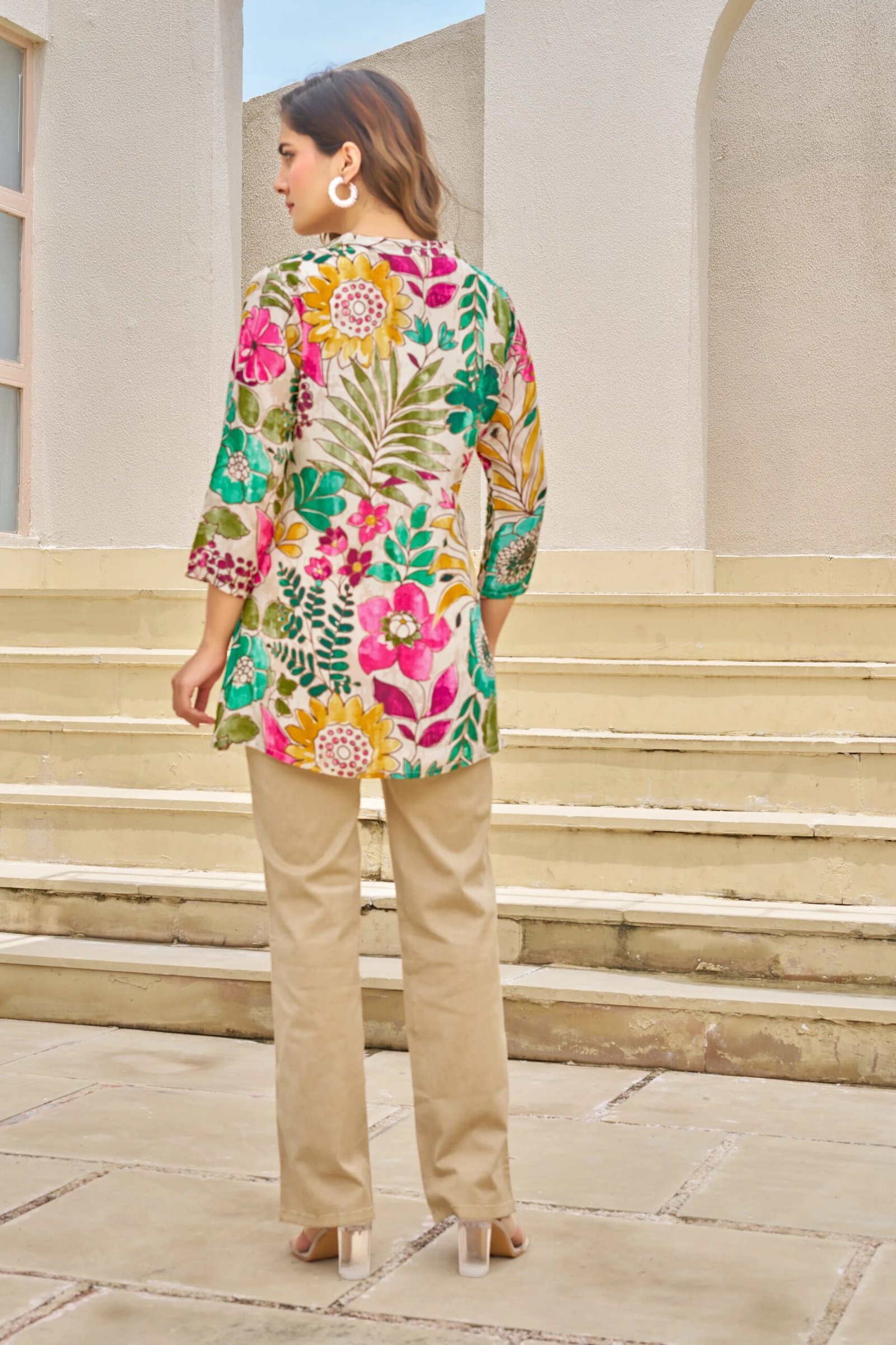 Off-White Base Multicolor Embellished Floral Muslin Tunic - Image 2