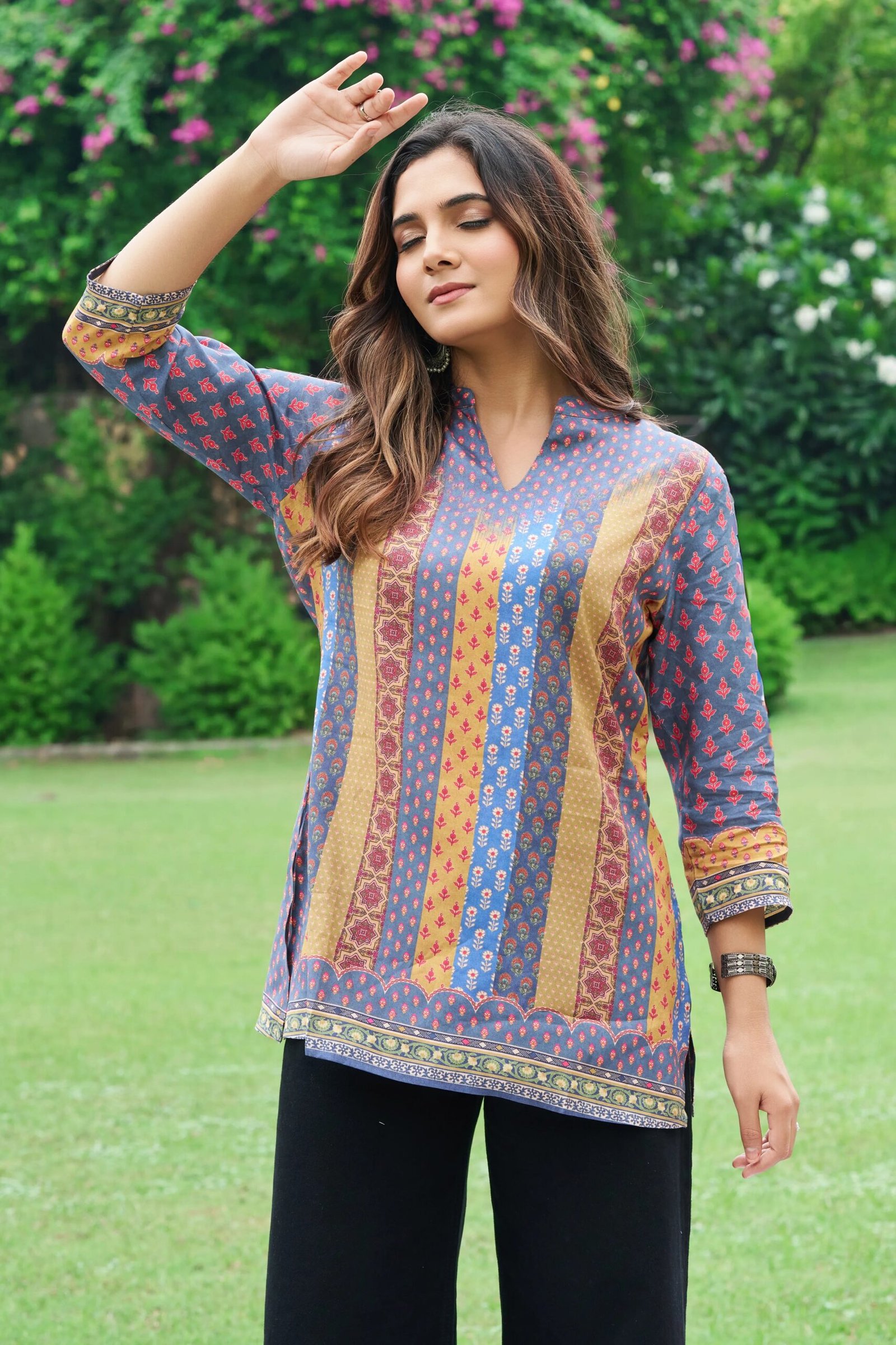 Blue & Mustard Panel Muslin Short Kurti - Image 4