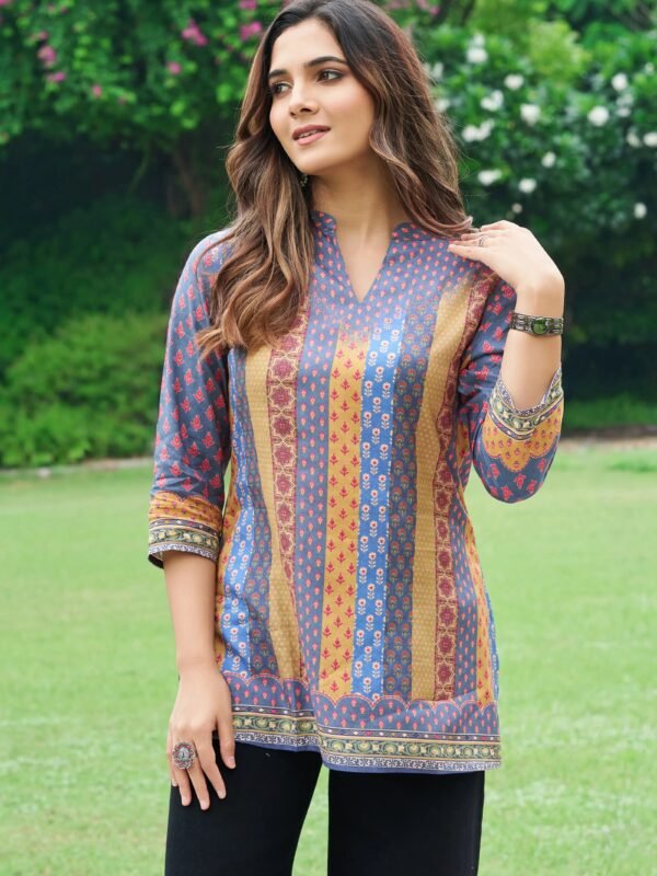 Blue & Mustard Panel Muslin Short Kurti
