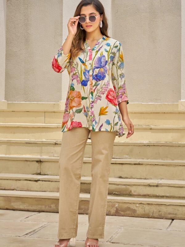 White Base Multicolor Embellished Floral Muslin Tunic