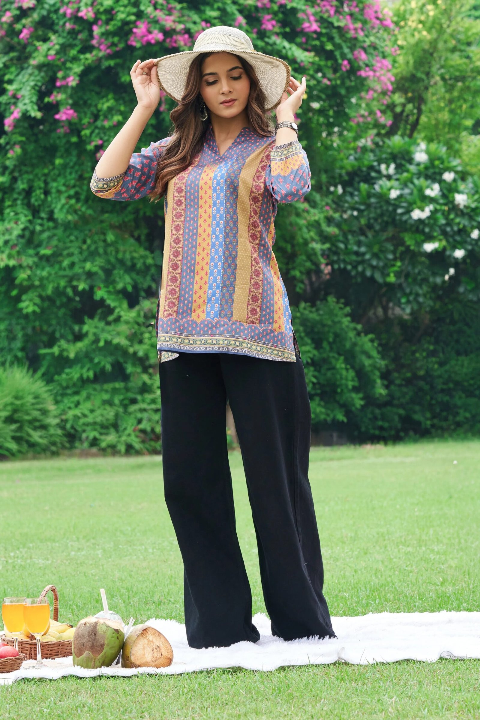 Blue & Mustard Panel Muslin Short Kurti - Image 5