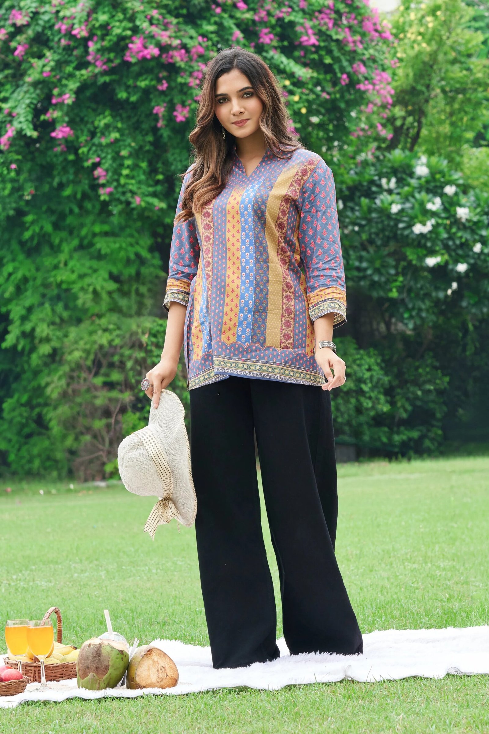 Blue & Mustard Panel Muslin Short Kurti - Image 3