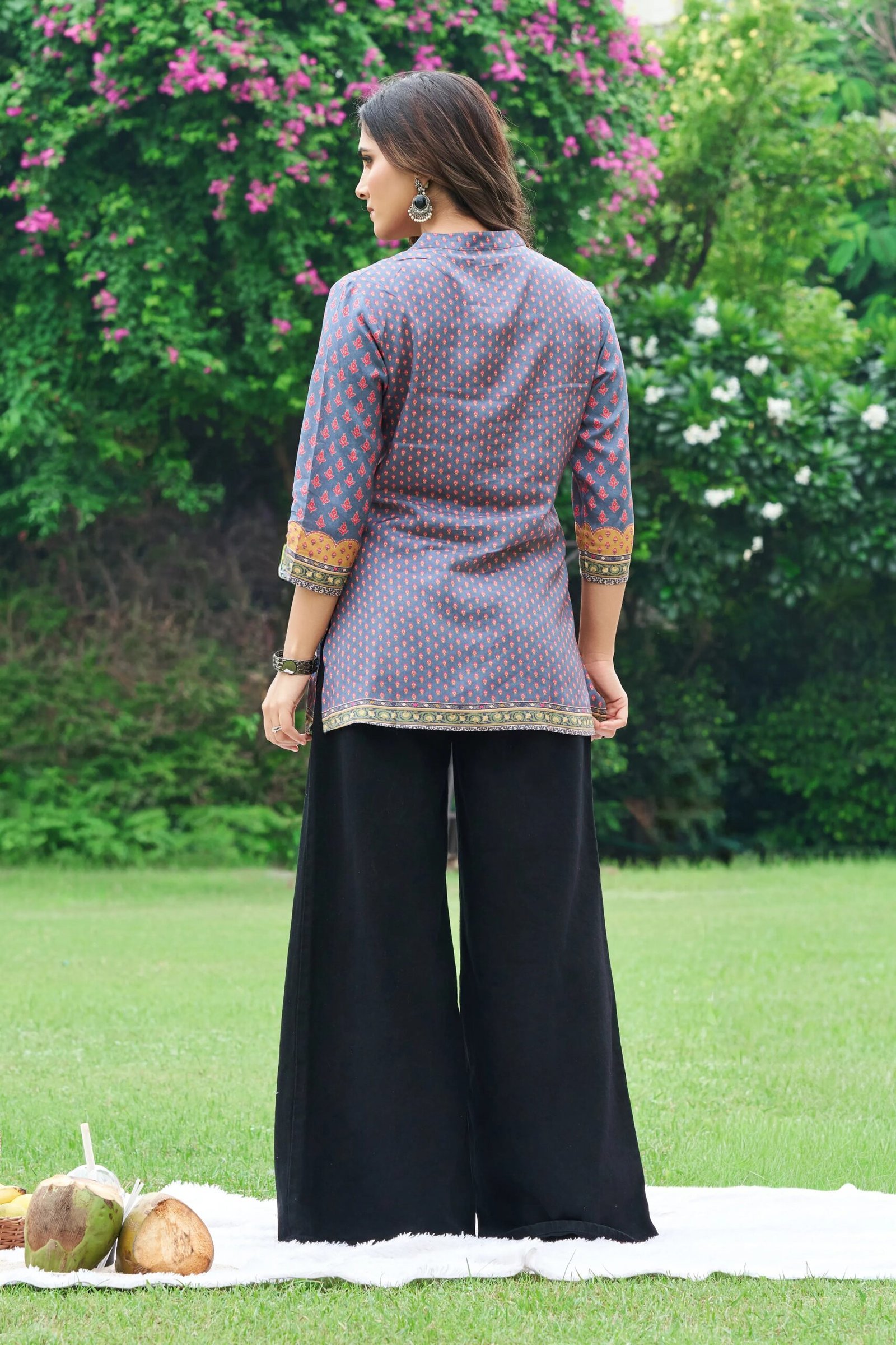 Blue & Mustard Panel Muslin Short Kurti - Image 2
