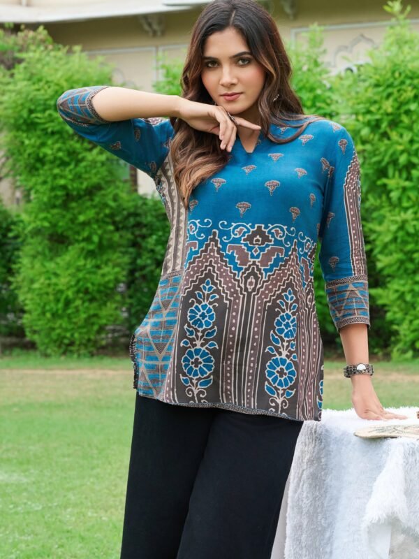 Royal Blue & Brown Motif Printed Muslin Short Kurti