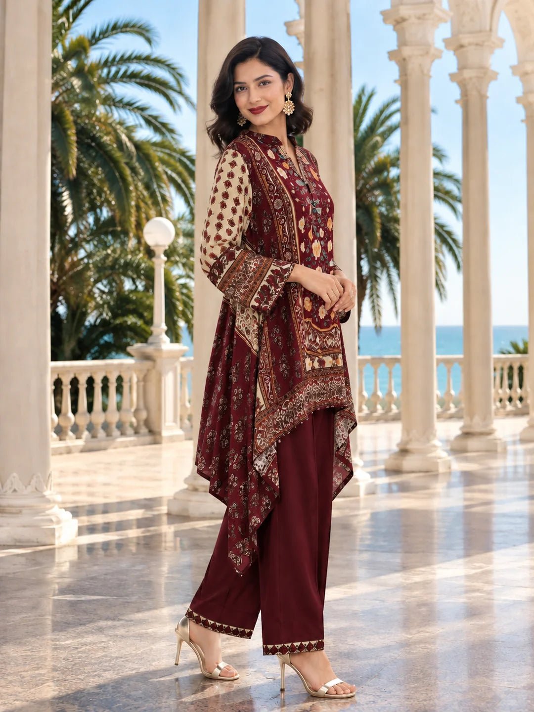Dailyfab Maroon Embellished High-Low Patch Print Wide-Leg Co-ord Set in Crepe - Image 6