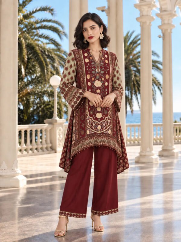 Dailyfab Maroon Embellished High-Low Patch Print Wide-Leg Co-ord Set in Crepe