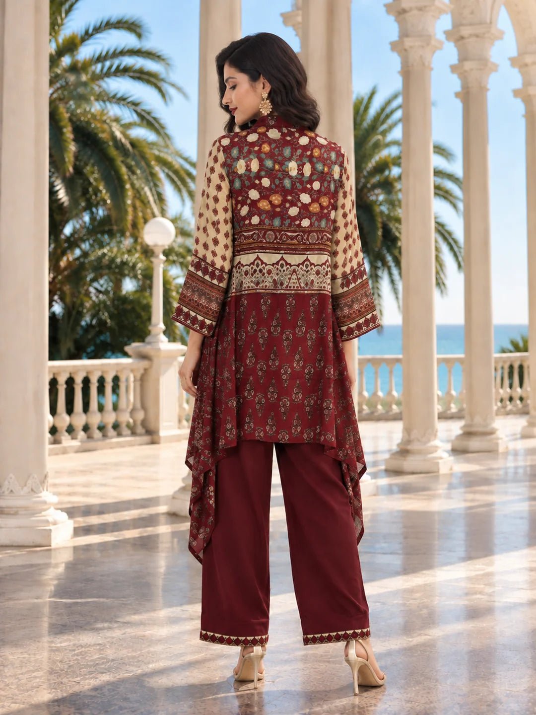 Dailyfab Maroon Embellished High-Low Patch Print Wide-Leg Co-ord Set in Crepe - Image 2
