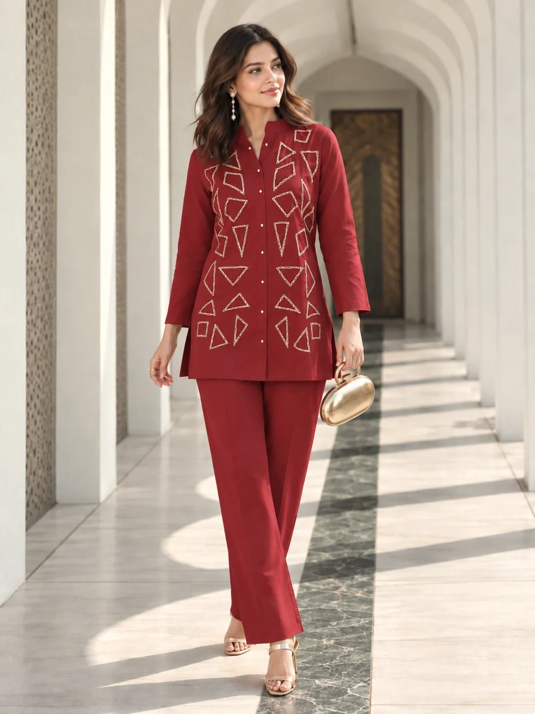 Dailyfab Maroon Geometric Embroidered Mandarin Collar Co-ord Set in Mul Vatican