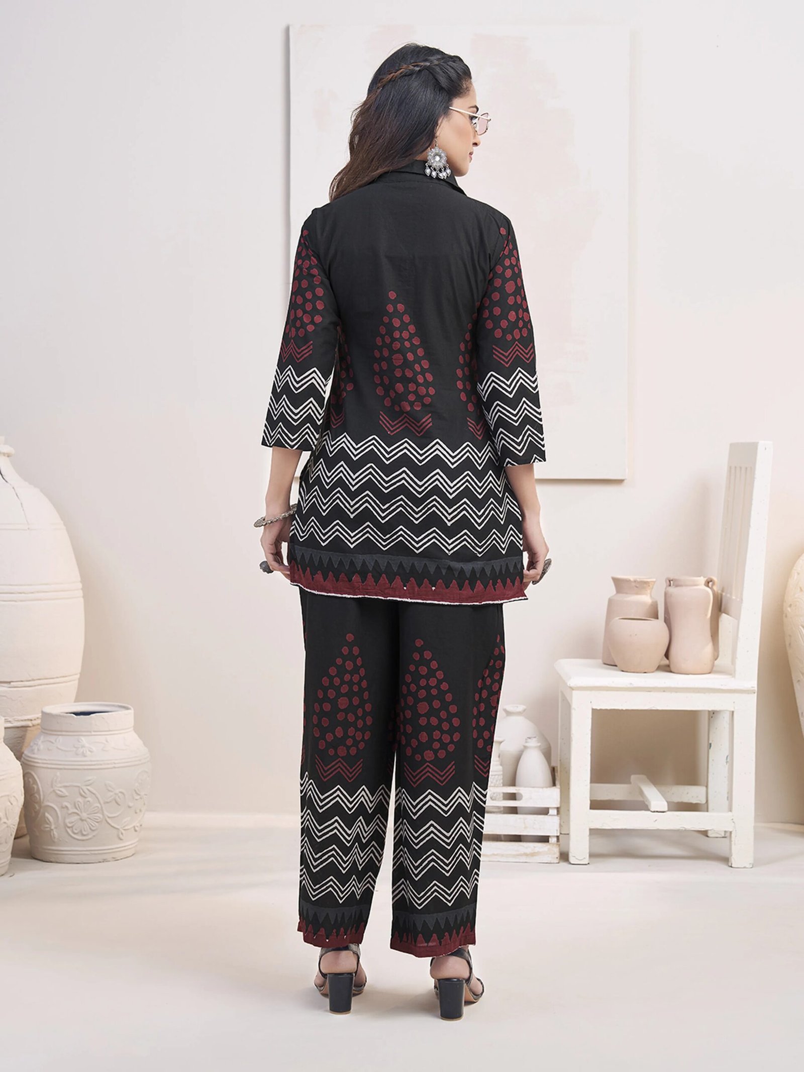 Black Zigzag & Red Dot Printed Co-ord Set in Cotton - Image 2