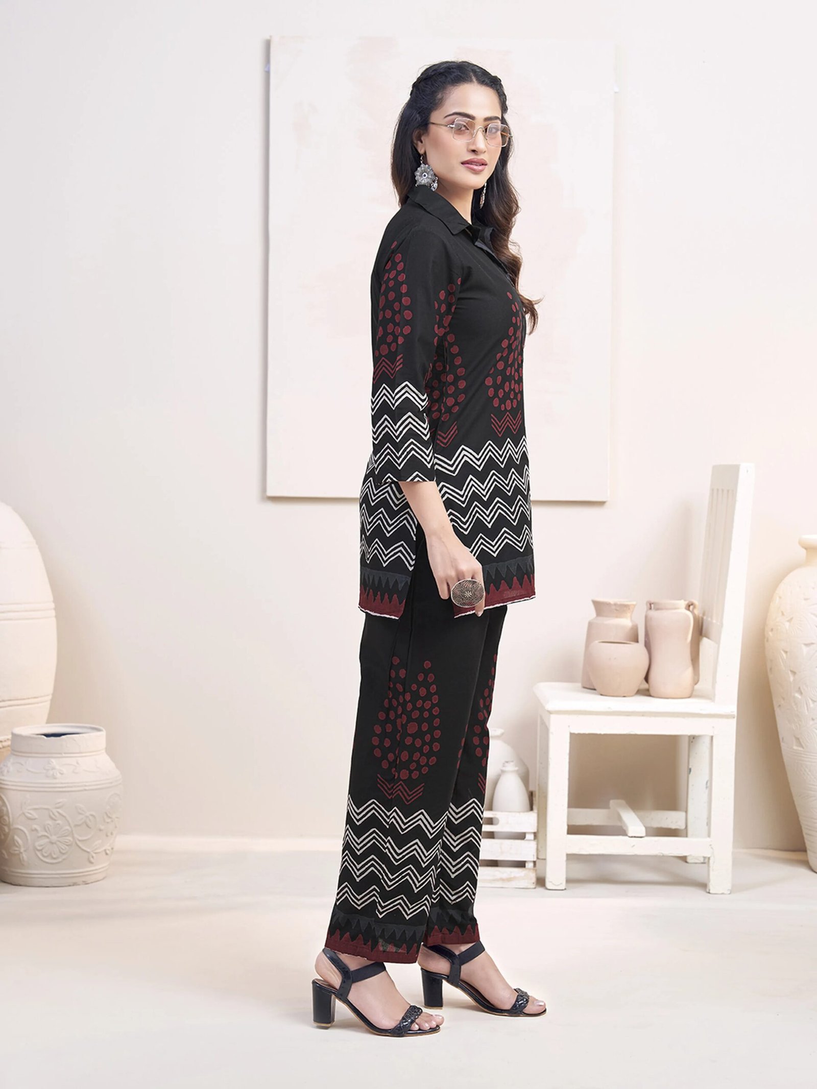 Black Zigzag & Red Dot Printed Co-ord Set in Cotton - Image 5