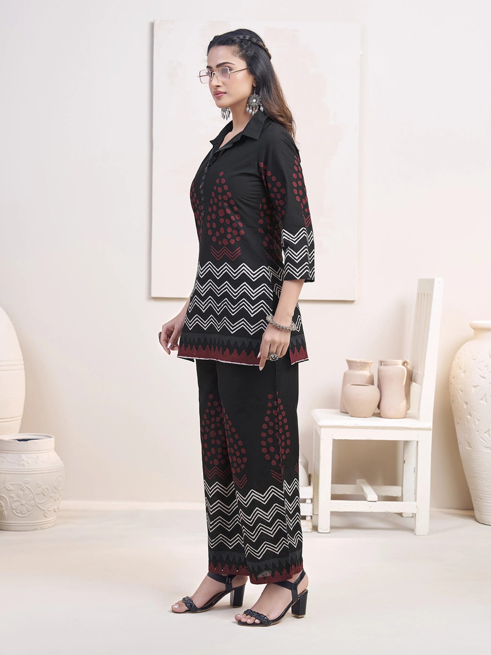 Black Zigzag & Red Dot Printed Co-ord Set in Cotton - Image 6