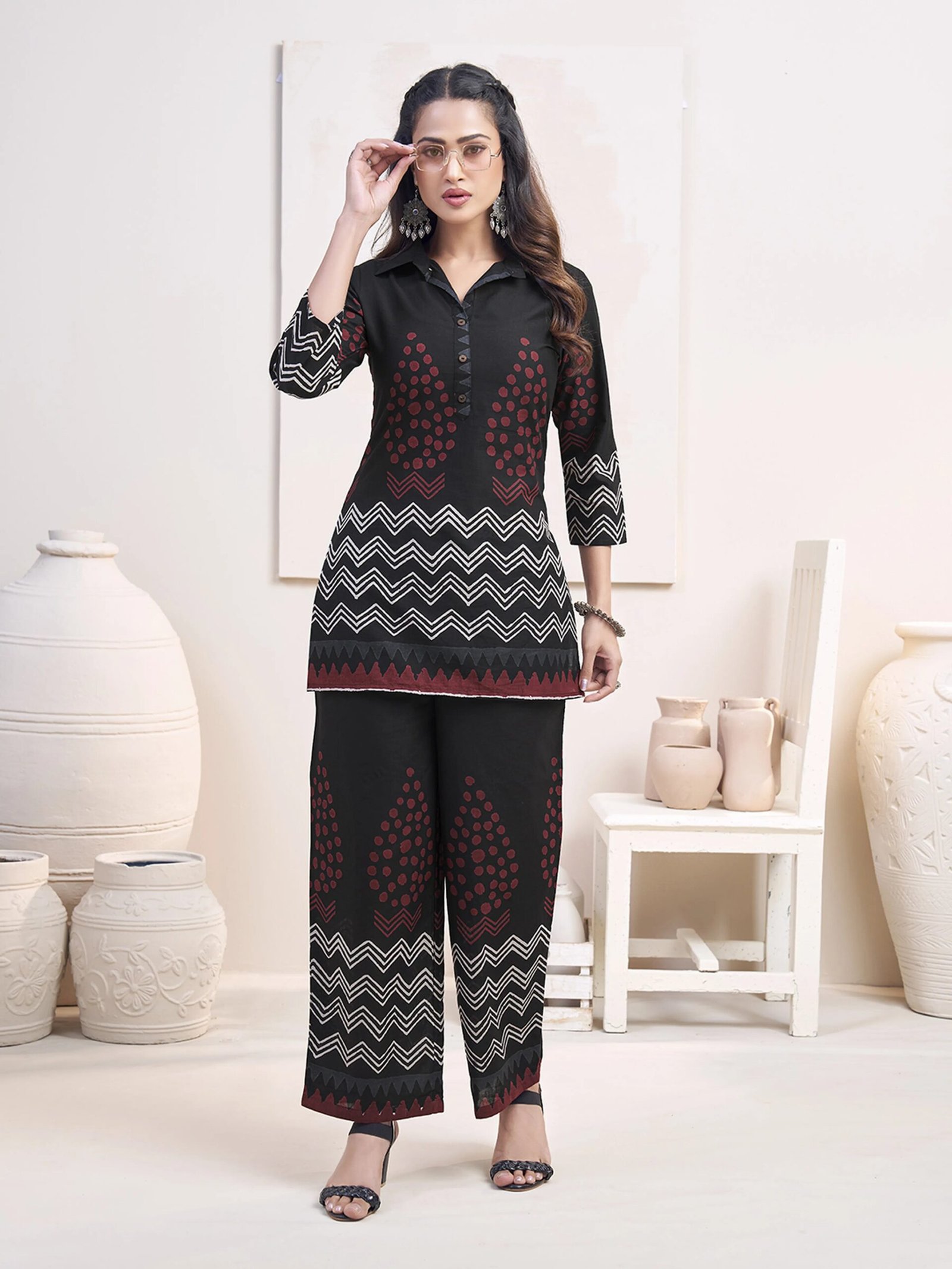Black Zigzag & Red Dot Printed Co-ord Set in Cotton