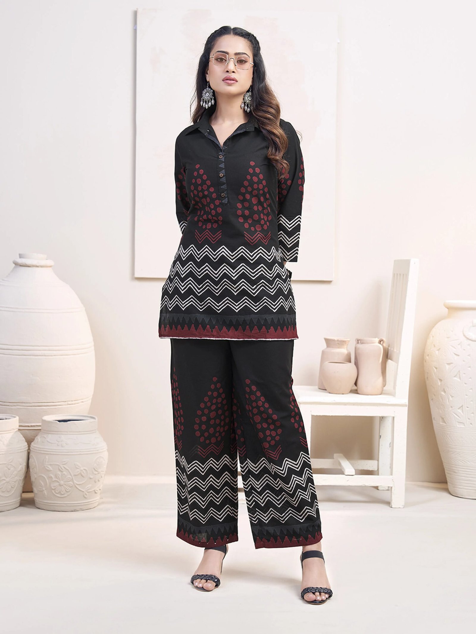 Black Zigzag & Red Dot Printed Co-ord Set in Cotton - Image 4