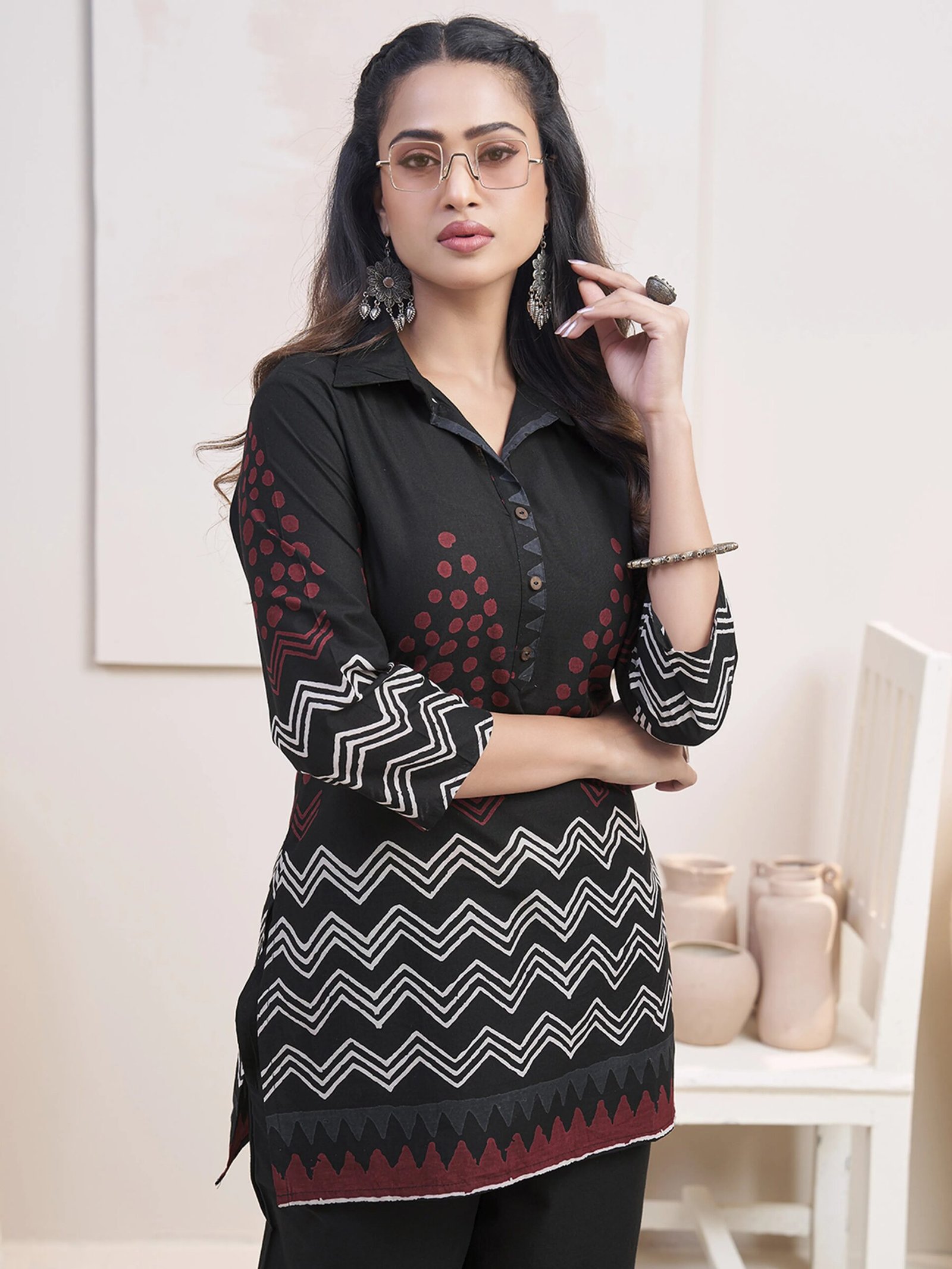 Black Zigzag & Red Dot Printed Co-ord Set in Cotton - Image 3