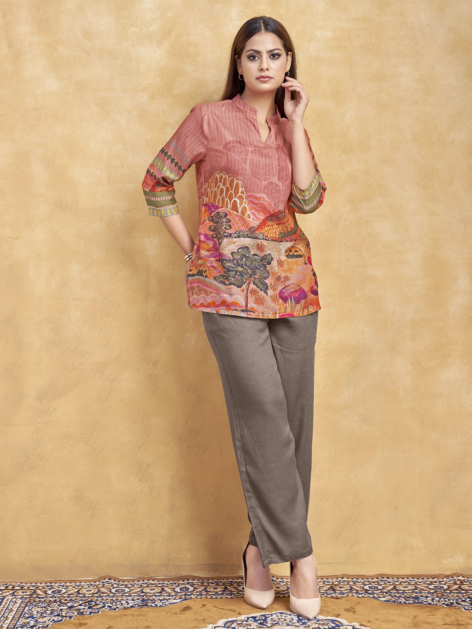 Dusty Pink Printed Short Kurti in Muslin - Image 5