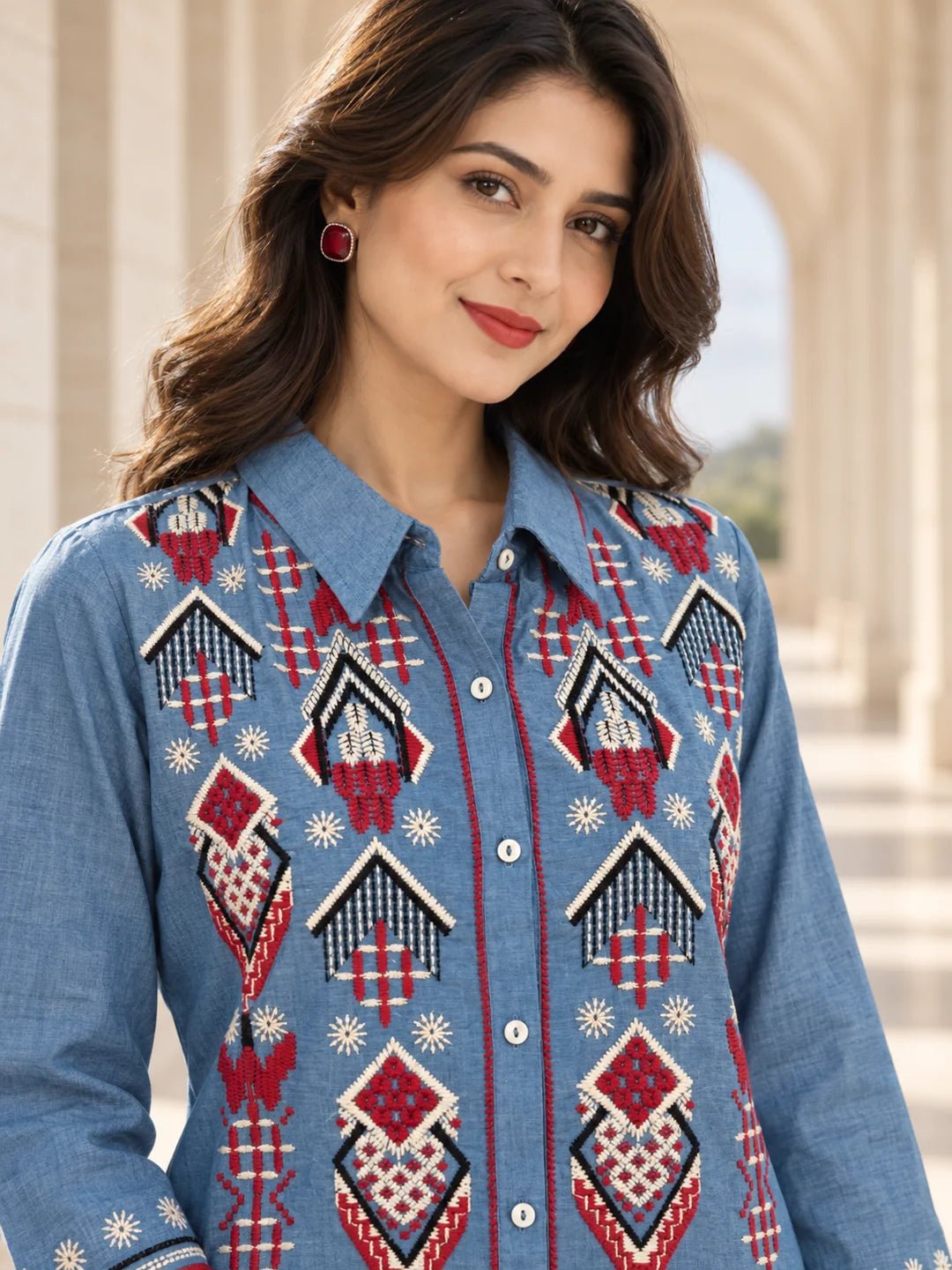 Dailyfab Light Denim Blue Geometric Embroidered Co-ord Set in Cotton Denim - Image 3