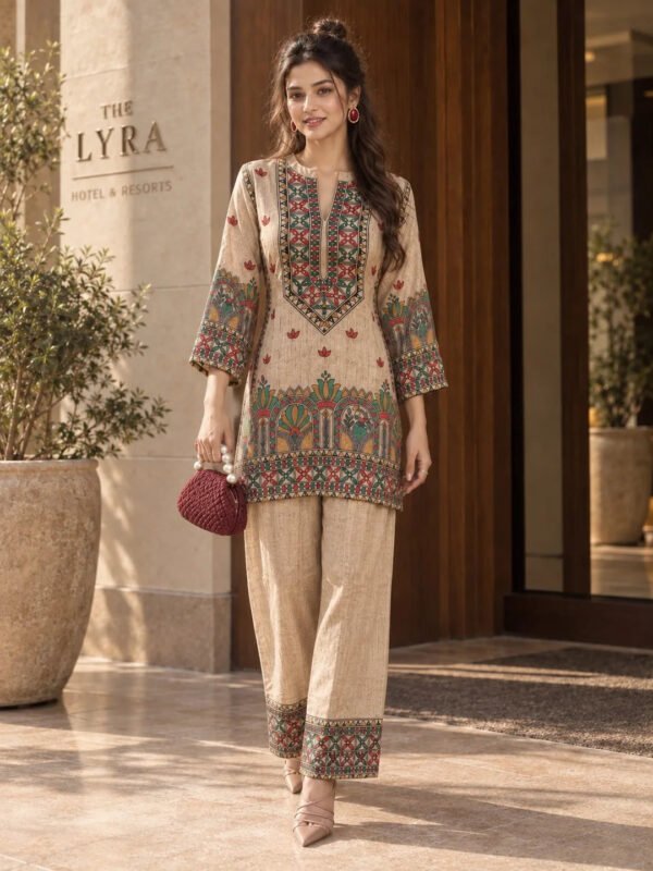 Dailyfab Beige & Multicolour Sequin-Yoke Traditional Print Co-Ord Set in Muslin