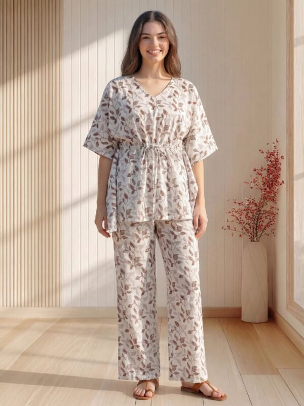 White Base Botanical Print Kaftan Cotton Co-ord Set