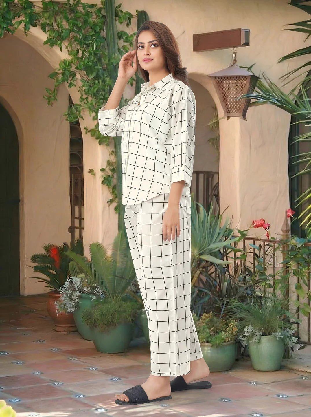 White & Black Checkered Oversized Cotton Co-ord Set - Image 5