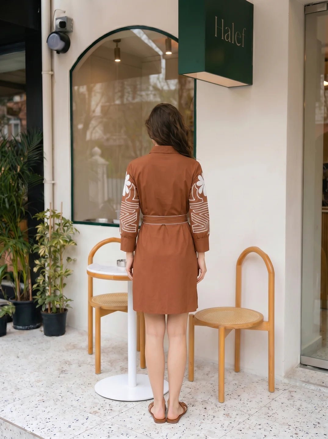 Brown Thread-Embroidered Belted Mini Dress in Cotton Poplin - Image 2