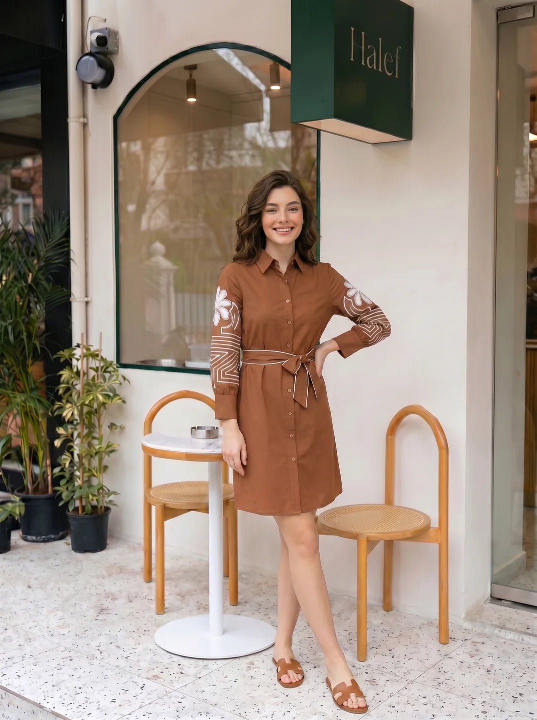 Brown Thread-Embroidered Belted Mini Dress in Cotton Poplin - Image 4