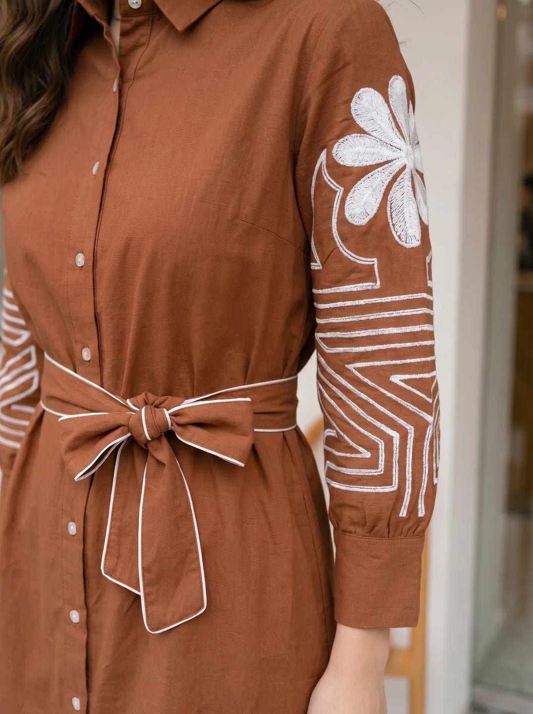 Brown Thread-Embroidered Belted Mini Dress in Cotton Poplin - Image 3