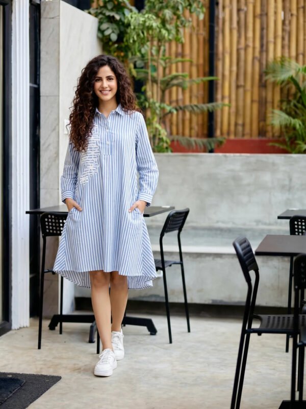 White & Blue Stripe Embroidered Cotton Shirt Dress