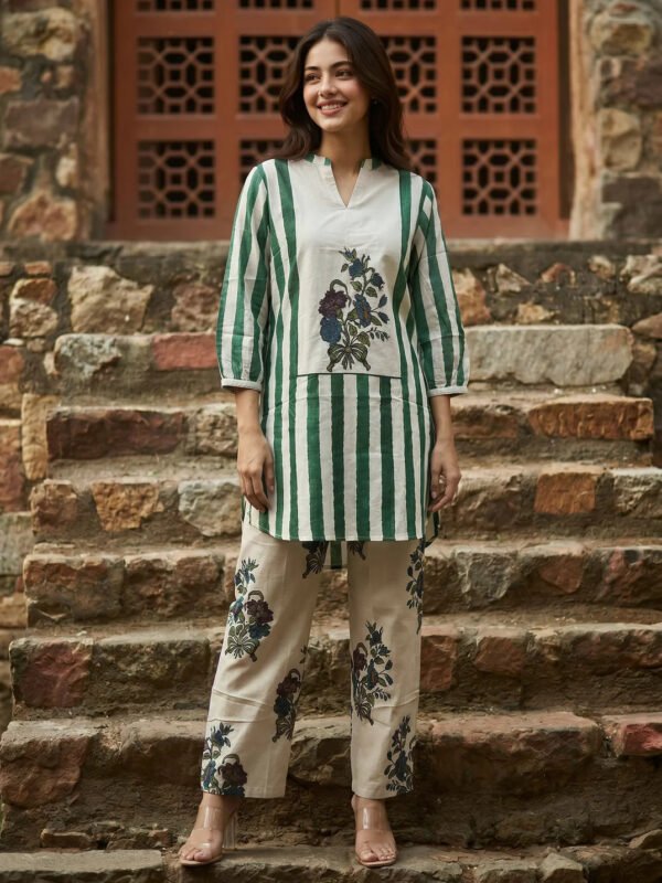 Emerald Green & Beige Printed Cotton Co-ord Set