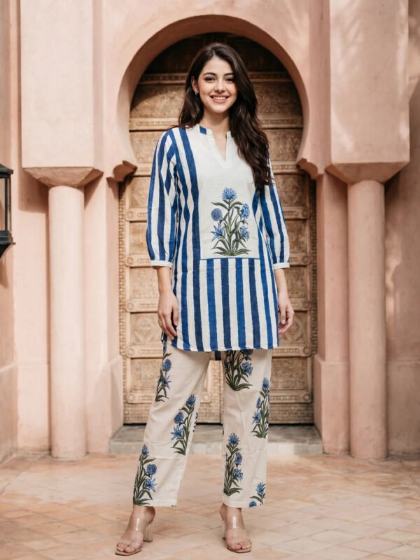 Dark Blue & Beige Printed Cotton Co-ord Set