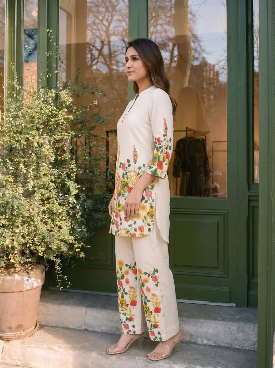 Cream Mandarin-Neck Kurta & Wide-Leg Floral Co-ord Set in Cotton Flex - Image 5