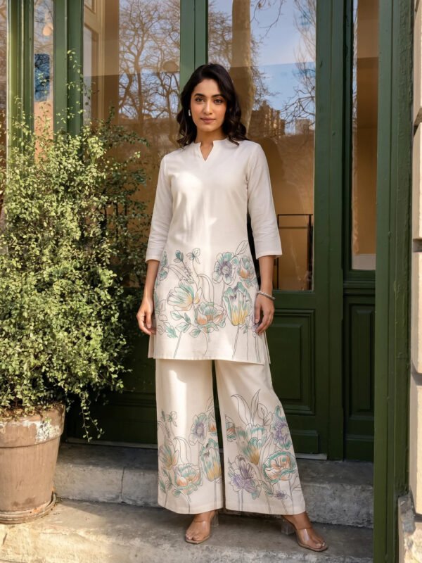 Ivory Floral Kurta & Wide-Leg Cotton Flex Co-ord Set