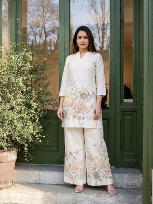 Cream Floral Kurta & Wide-Leg Cotton Flex Co-ord Set