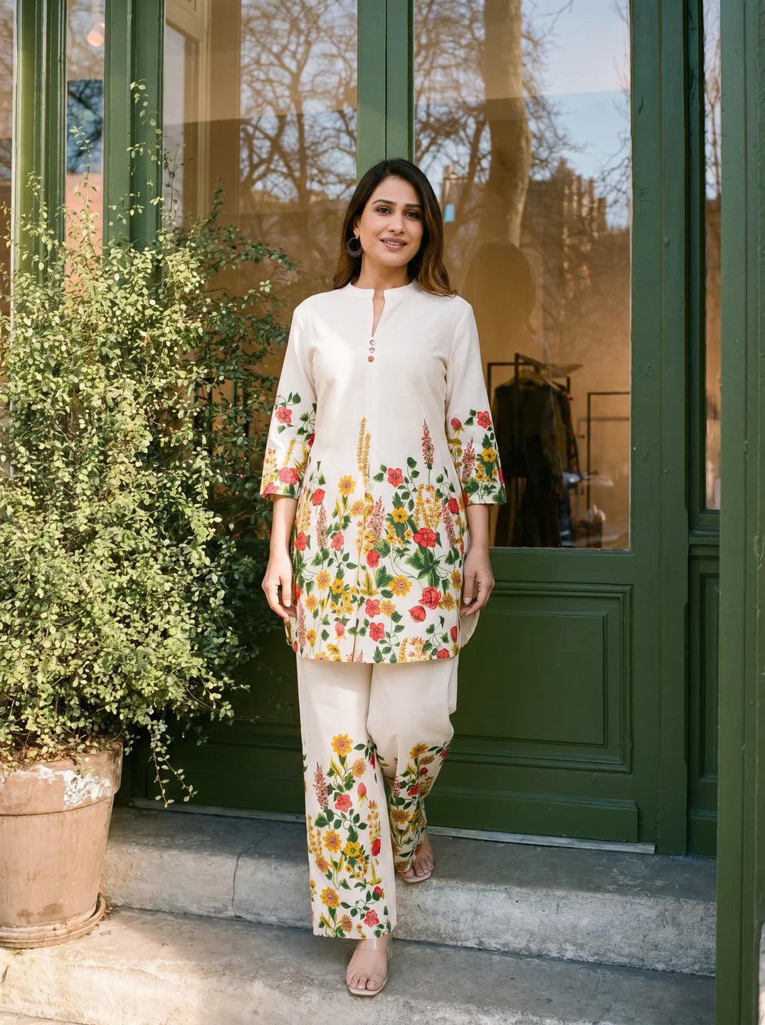 Cream Mandarin-Neck Kurta & Wide-Leg Floral Co-ord Set in Cotton Flex - Image 4