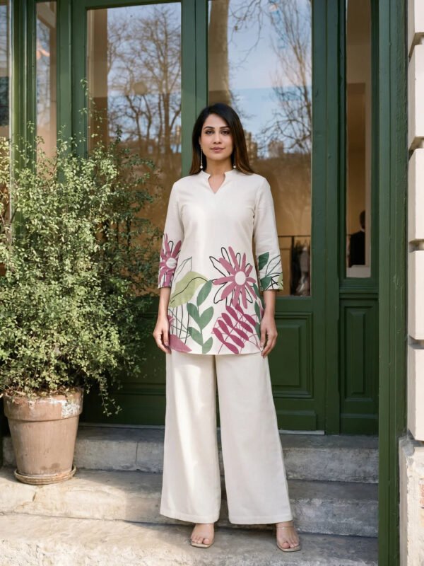 Cream Botanical Leaf Kurta & Wide-Leg Co-ord Set in Cotton Flex