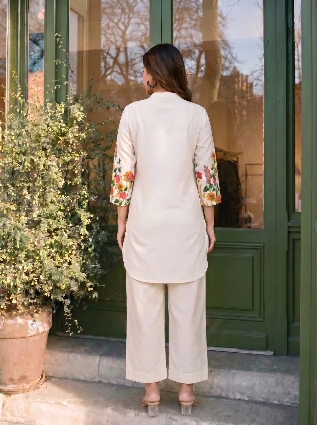 Cream Mandarin-Neck Kurta & Wide-Leg Floral Co-ord Set in Cotton Flex - Image 2