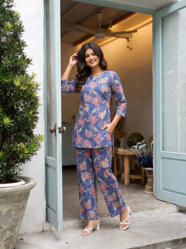 Navy Blue Floral Co-ord Set in Cotton Cambric