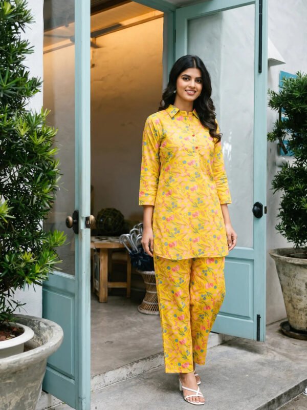 Mustard Yellow Base Multi Color Floral Shirt Collar Cotton Cambric Co-ord Set