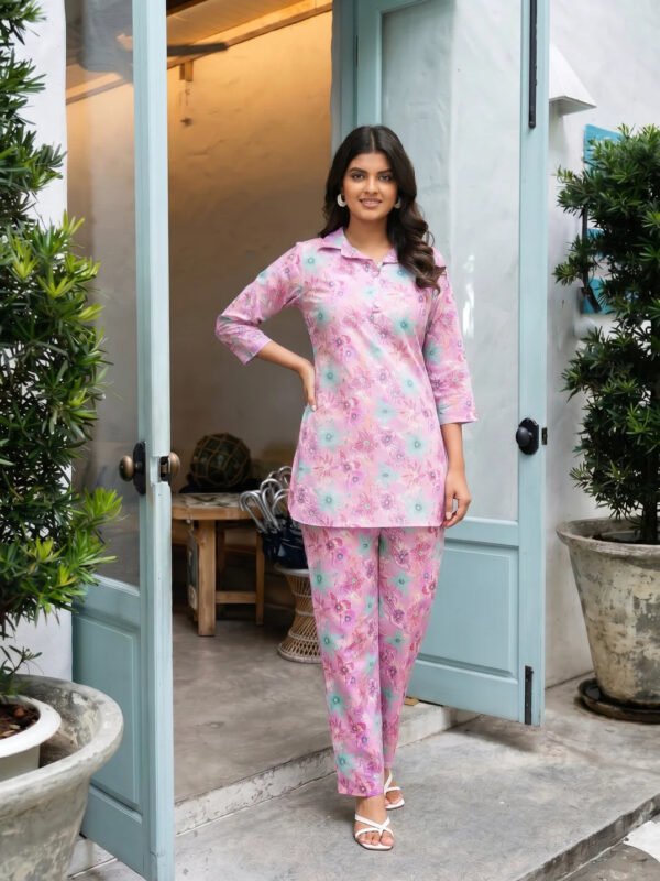 Plum Base Multi Color Floral Shirt Collar Cotton Cambric Co-ord Set