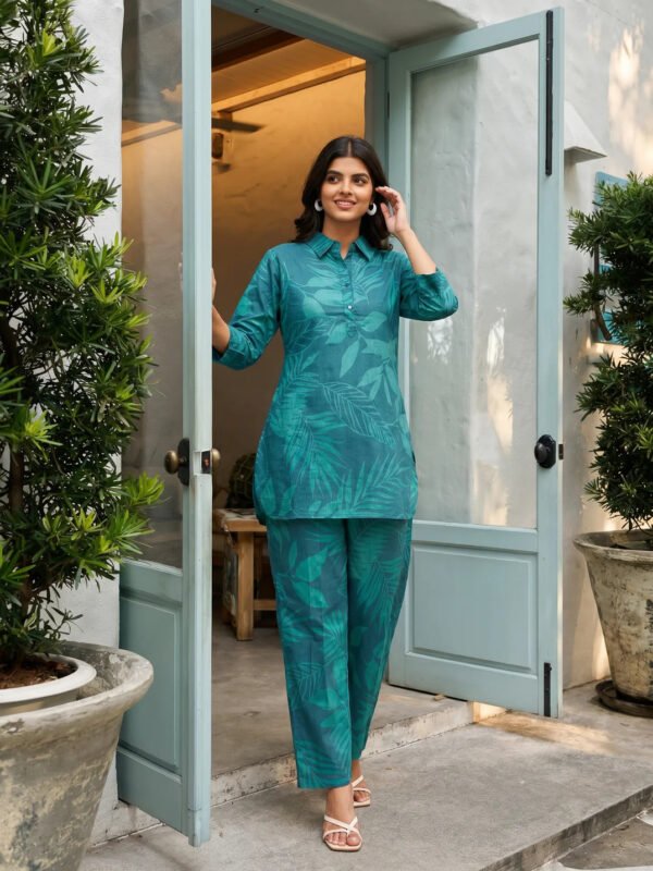 Dark Green Leaf Print Shirt Collar Cotton Cambric Co-ord Set