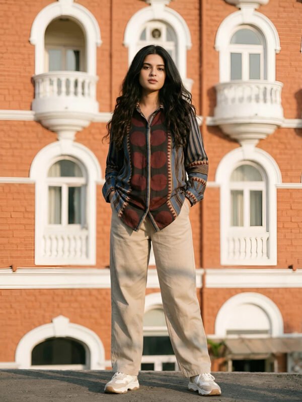 Multicolor Concealed Placket Shirt with Asymmetric Hem in Muslin
